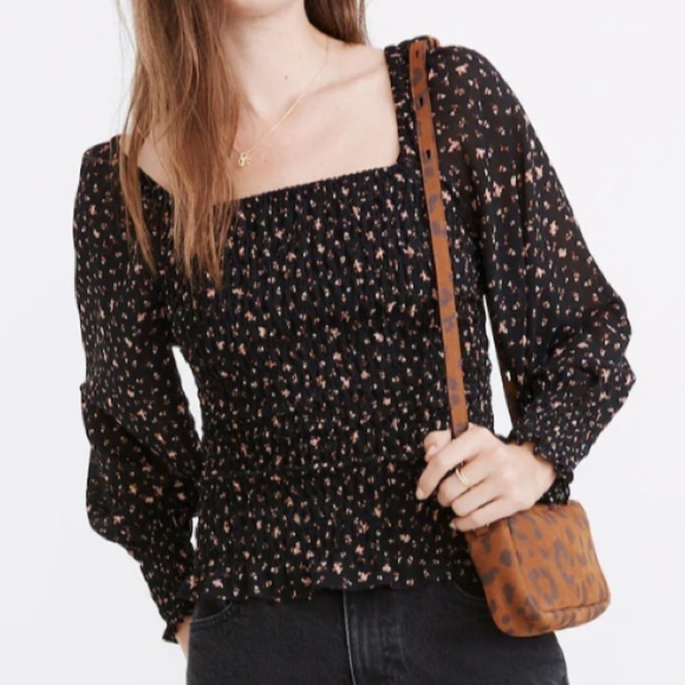 Madewell Georgette Lucie Smocked Top Black Floral Size XS Peasant Milkmaid Boho